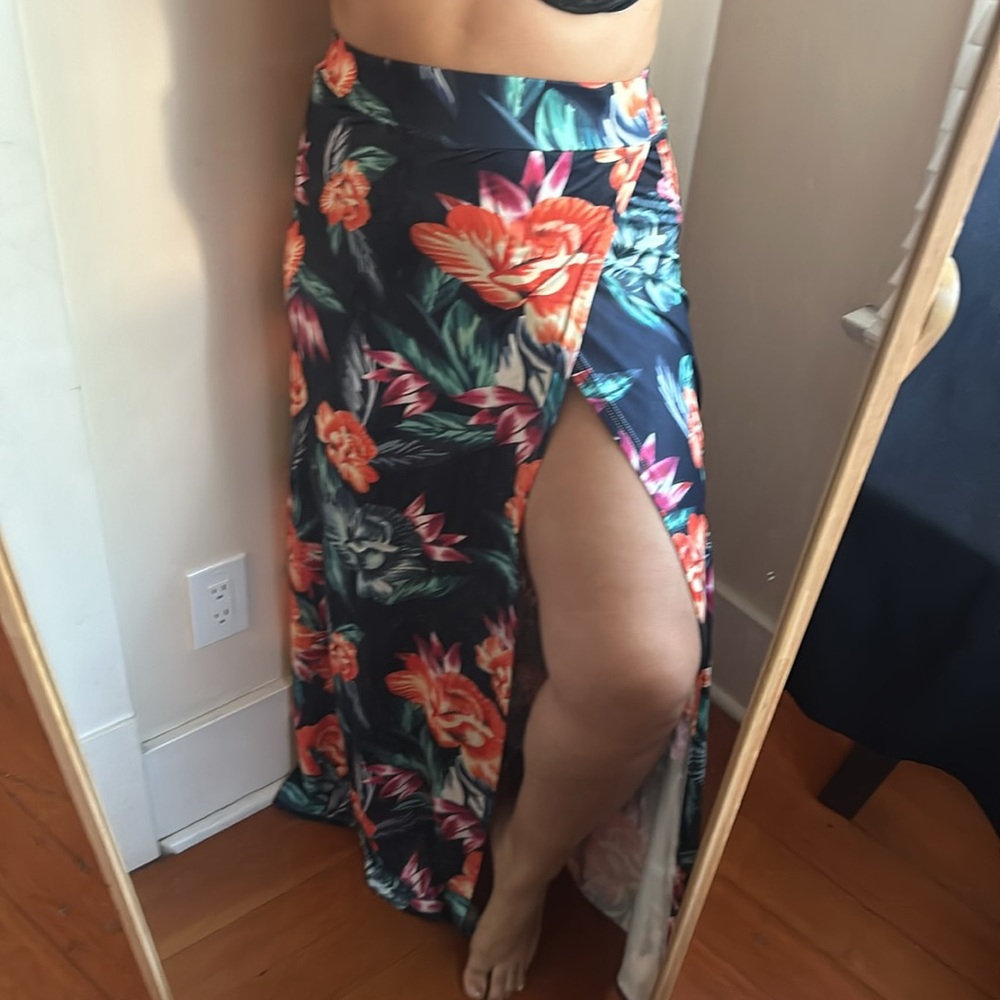 Tropical Floral Print Maxi Wrap Skirt High Side Slit Navy Orange Flowy